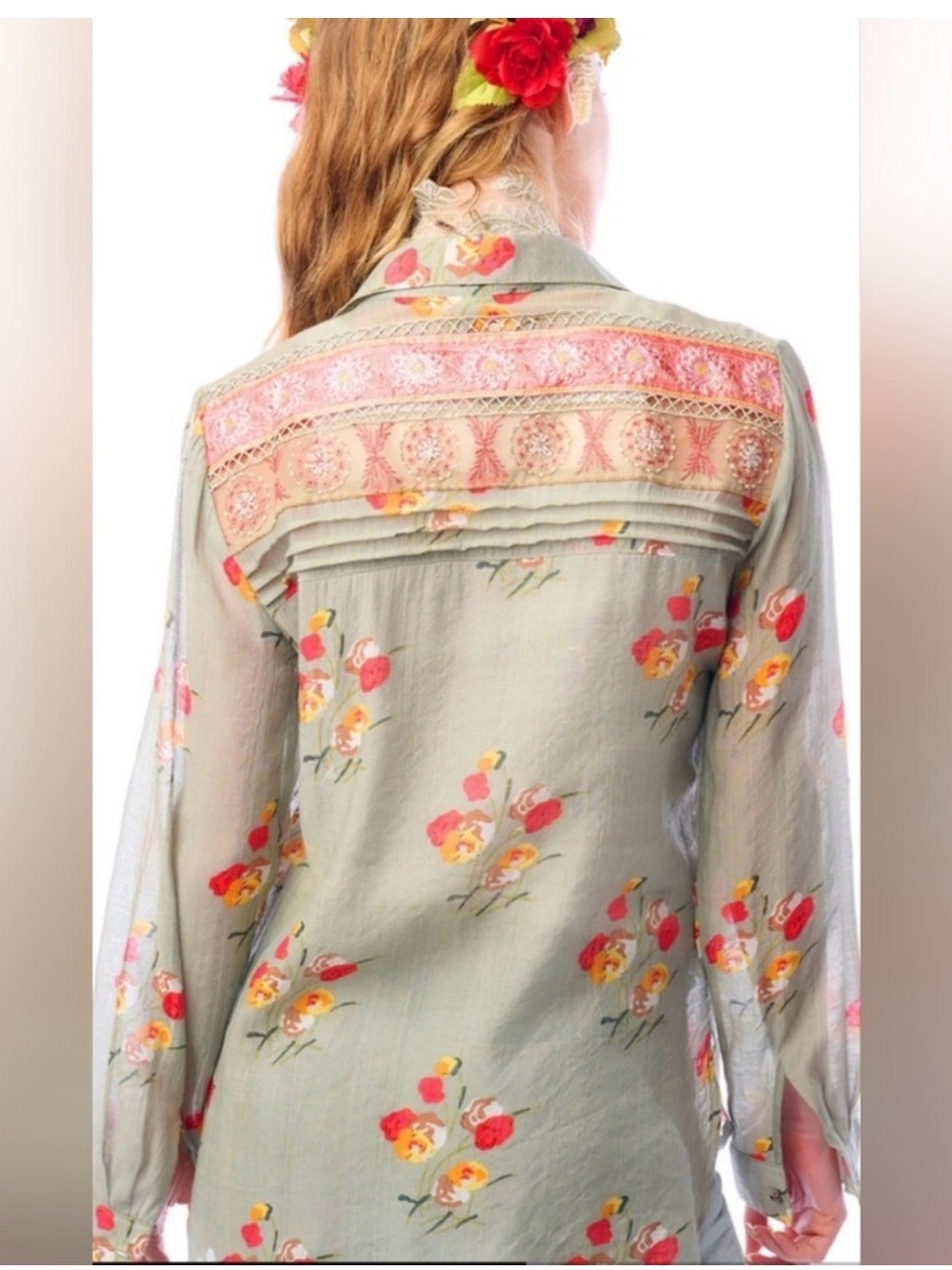 Aratta Mia Grace Floral Embroidered Olive Fall Blouse NWT #cottagecore - Picture 6 of 13